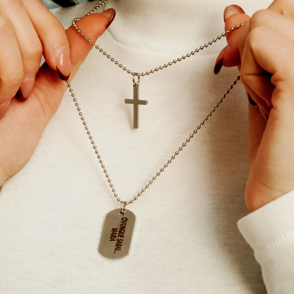 Collana Ovunque Sarai, Con Croce e Targhetta Personalizzata