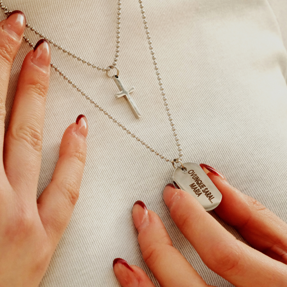 Collana Ovunque Sarai, Con Croce e Targhetta Personalizzata