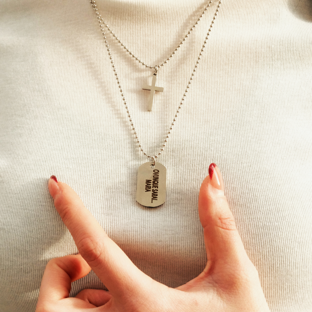 Collana Ovunque Sarai, Con Croce e Targhetta Personalizzata