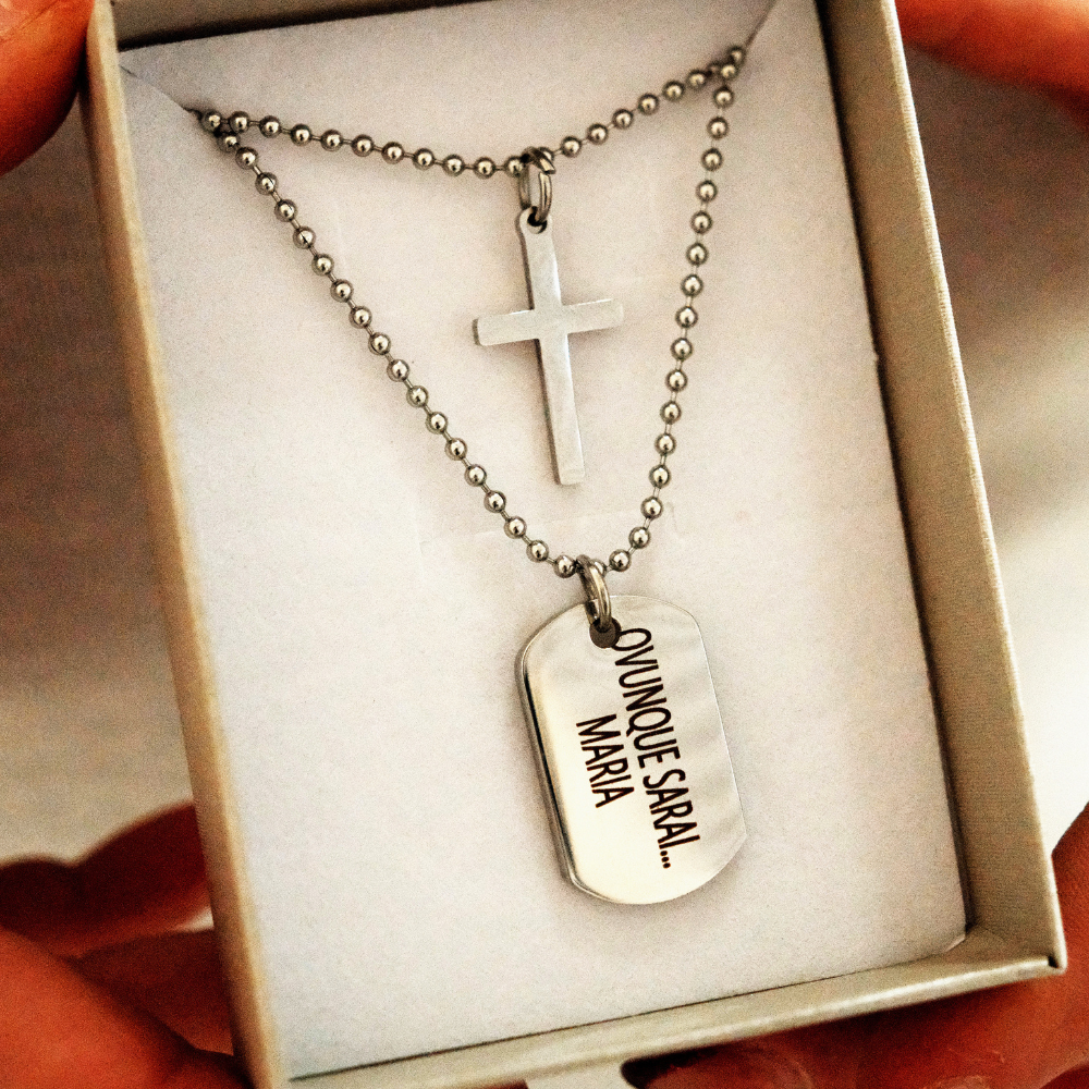 Collana Ovunque Sarai, Con Croce e Targhetta Personalizzata